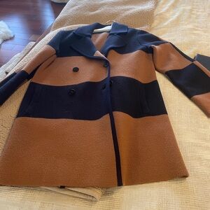 Tory Burch Double-Breasted Wide-Stripe sweater coat in Navy and Brown